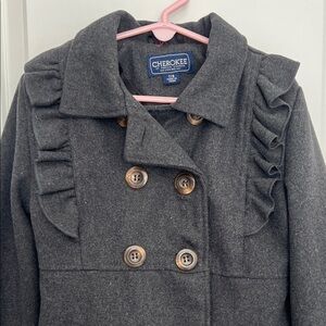 Cherokee Charcoal Kids Pea Coat with Ruffle Accents